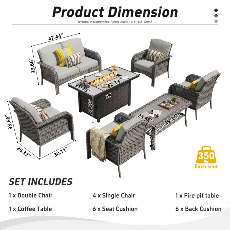 7 Piece Sofa Seating Group with fire pit and Cushions, Dark Gray