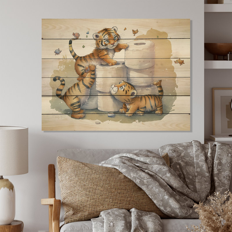 Alvarez Ingvald Tigers construisant une tour de papier hygiénique - impression sans cadre sur bois