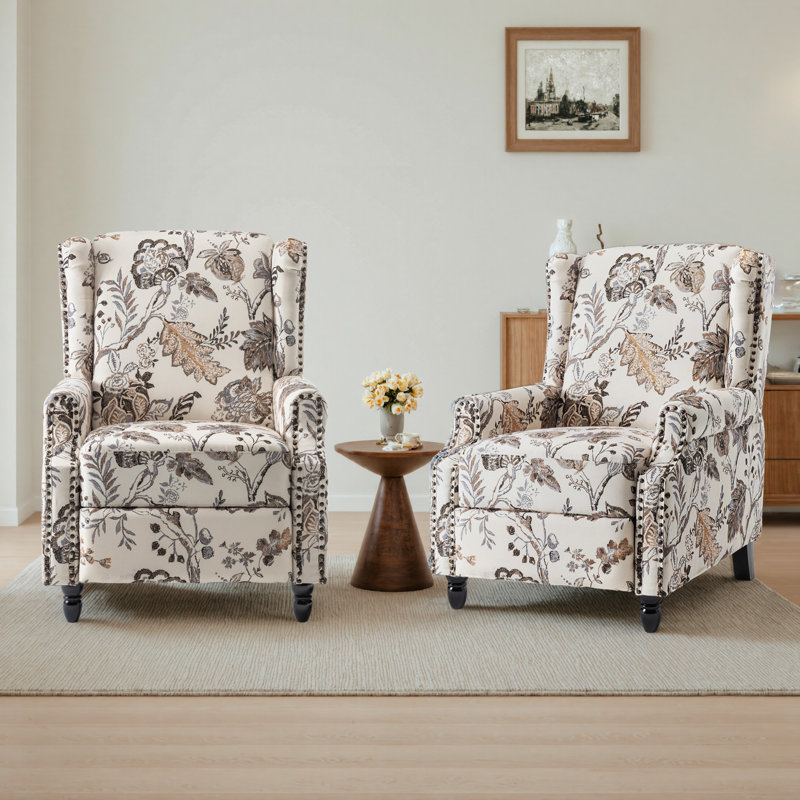 Ameiah 74 cm W Upholstered Wing Back Manual Push Back Recliner with Naihead Trims, Plants Beige Polyester