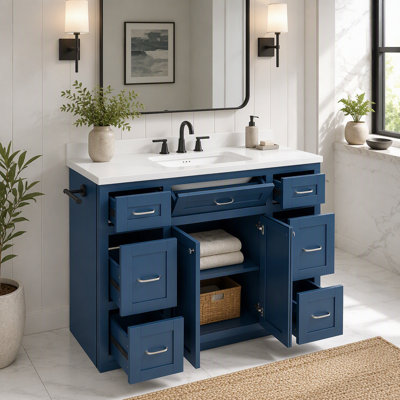 Meuble-lavabo bleu marine 48 po avec lavabo en céramique - 6 tiroirs (3 de chaque côté), tiroir central rabattable, portes doubles à fermeture en douceur, porte-serviettes latéral réversible, poignées argentées, panneau de fibres à densité moyenne