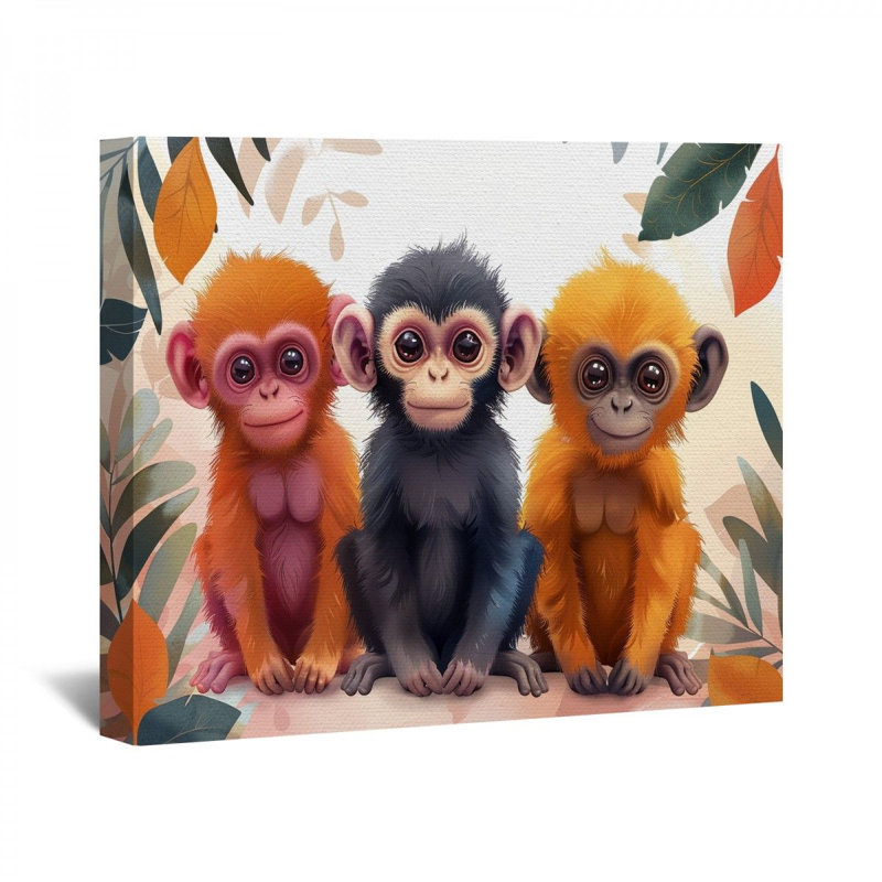 Trio de singes sur toile, H 11 po x l 14 po