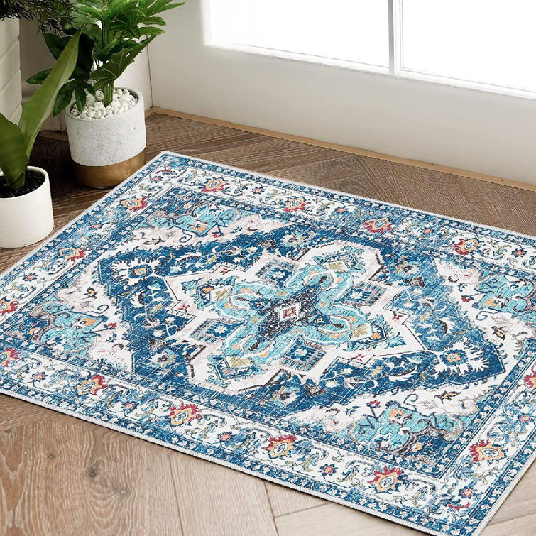 Bungalow Rose Madeus x Area Rug Persian Rug Foldable Thin Rug Chenille Grey Floral Print Accent Rug Retro Indoor Door Mat Non Slip Carpet Kitchen Living Room Bedroo