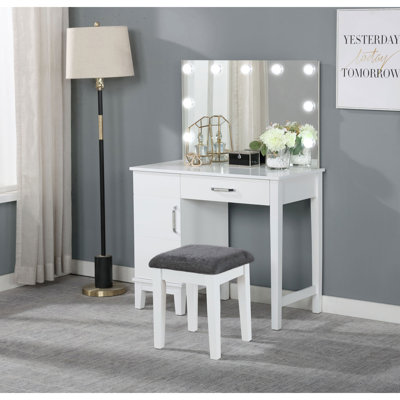 Ensemble coiffeuse Elijah blanc et gris foncé avec éclairage et tabouret