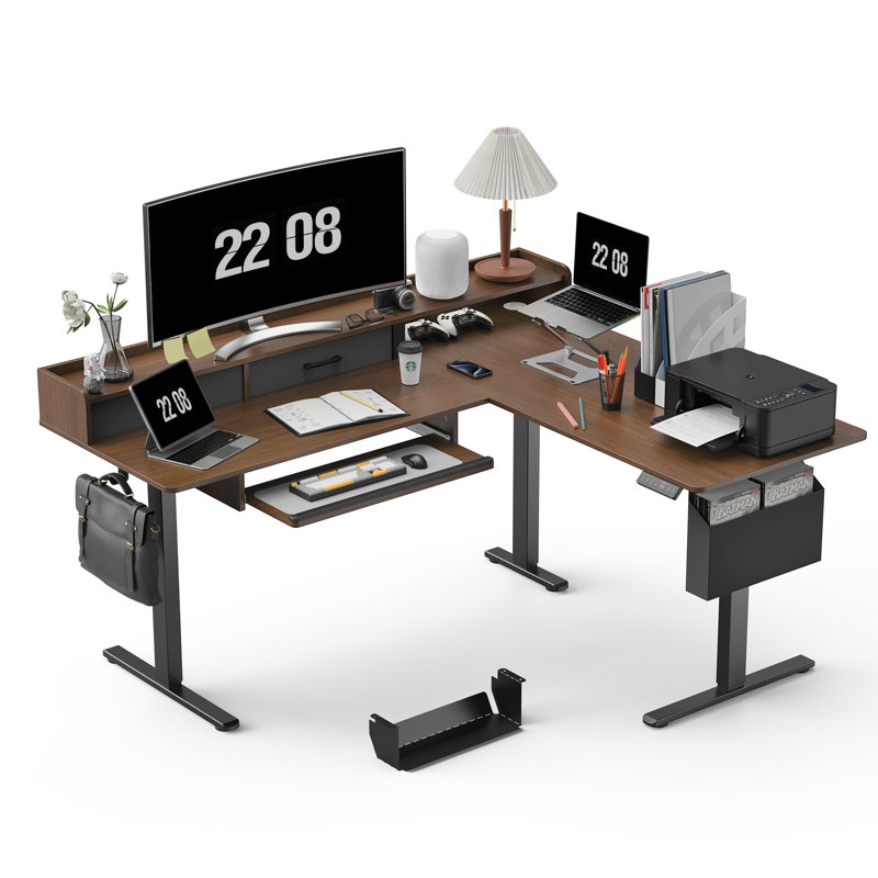 Bureau debout en L de 63 po à hauteur réglable avec 2 tiroirs et plateau à clavier, table de bureau électrique pour s'asseoir et debout, bureau de jeu ergonomique en coin, noyer noir