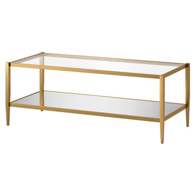 Hera 45" Wide Rectangular Coffee Table with Mirror Shelf in Brass