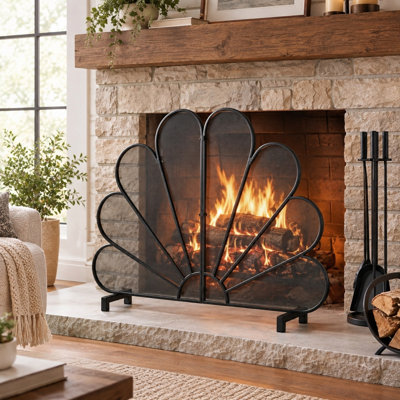 41" Peacock Fan-Shaped Freestanding Iron Mesh Single-Panel Fireplace Screen for Indoor Home Fireplaces, Black