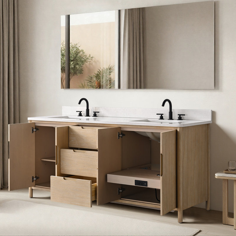 Meuble-lavabo autoportant de 72 po avec plateau en pierre Milano Mist, tablette dissimulée et support pour sèche-cheveux, 72