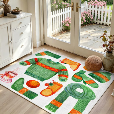 Tapis d'intérieur vert lavable à la machine, motif pull aquarelle d'hiver