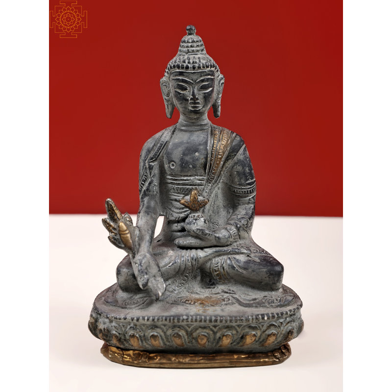 Sculpture bouddha tibétain guérisseur 5 po en laiton antique, Antique / noir / or