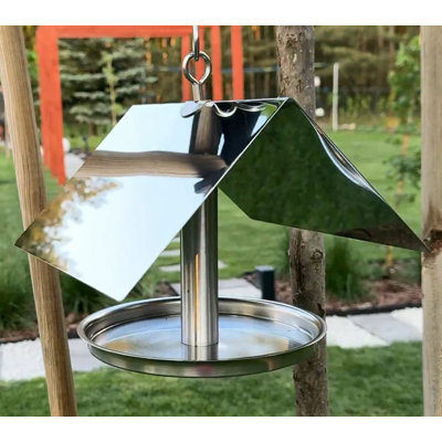 Stainless Steel Hanging Hut Bird Feeder with Weatherproof Roof – Modern Outdoor Garden Feeder