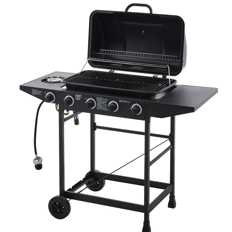 Barbecue à gaz 42000 avec 1 brûleur latéral, acier inoxydable, surface de cuisson de 352 po², fonction de maintien au chaud, 4 brûleurs au propane, grilles émaillées, mobile