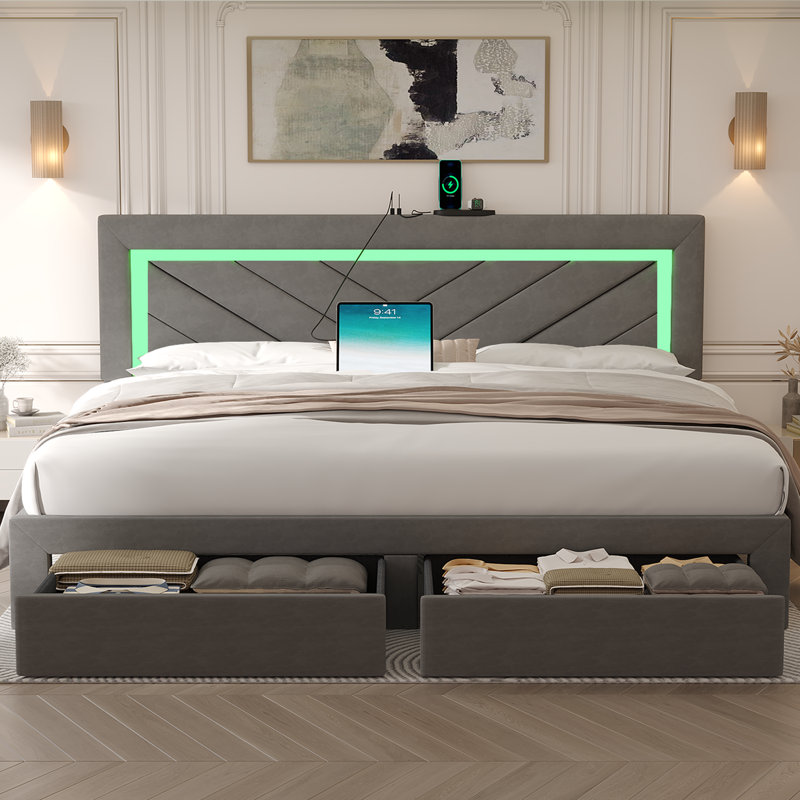 Upholstered Bed Frame with Adjustable Charged LED Headboard and Storage Drawers, Queen, Gray