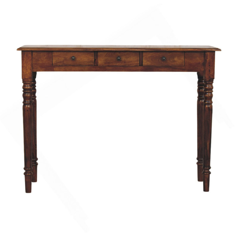 Console en bois, pieds tournés, 3 tiroirs, châtaignier, brun
