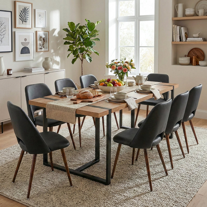 Mid-Century Upholstered Dining Chairs Set Of 8 With Metal Legs, Black