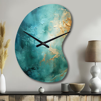 Horloge murale Teal Oasis III - Paysages de forme irrégulière, horloge murale moderne asymétrique