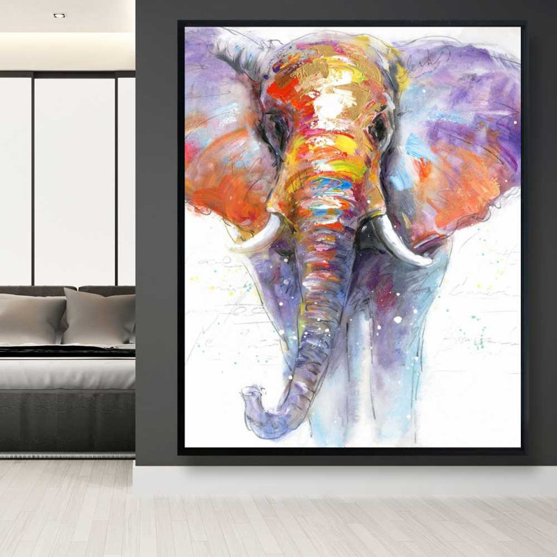  Éléphant - Toile encadrée moderne pour la maison, H 61,25 po x l 49,25 po, Mauve/orange