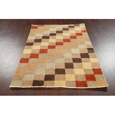 Tapis beige en laine noué à la main de conception unique 4 pi 1 po x 6 pi New Age