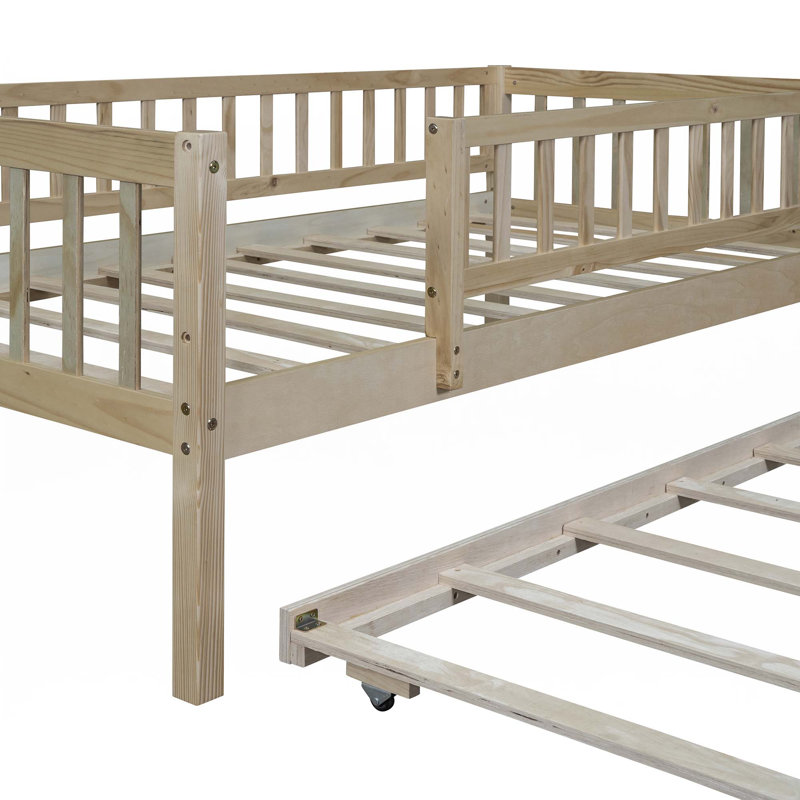Wood Daybed With Trundle And Fence Guardrails, Natural, Twin