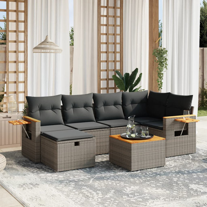 Ensemble de canapé modulaire en rotin PE 6 pièces Vidaxl, Without Storage, Grey, 7