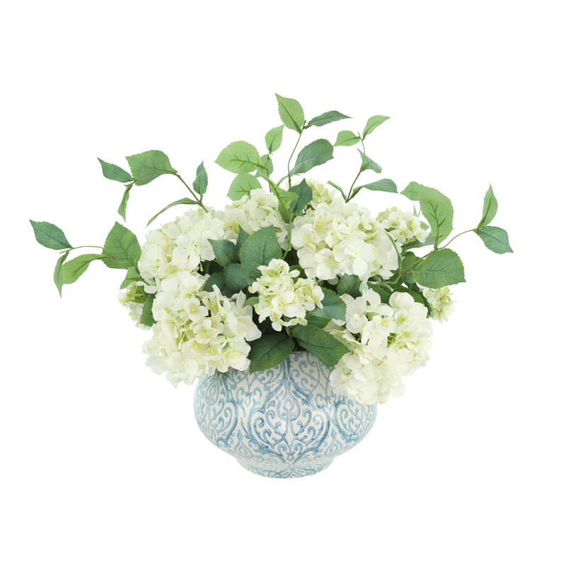 Hydrangea Floral Arrangement In A Decorative Ceramic Vase, White