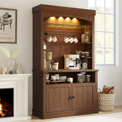 72" Tall Farmhouse Coffee Bar Cabinet with LED Lights, Kitchen Pantry Storage Sideboard with Microwave Stand, Adjustable Shelves and Glass Doors by Ophelia & Co.