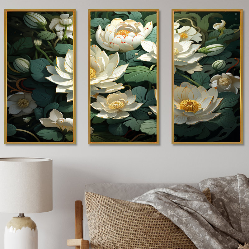 Fleurs de lotus méticuleusement rendues - ensemble d'art sur toile de lotus, Cadre flottant doré, H 28 po x l 36 po x P 1 po