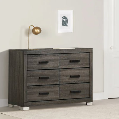 Semih 57 Inch Wood Dresser, 6 Drawers, Black Metal Bar Handles, Dark Gray