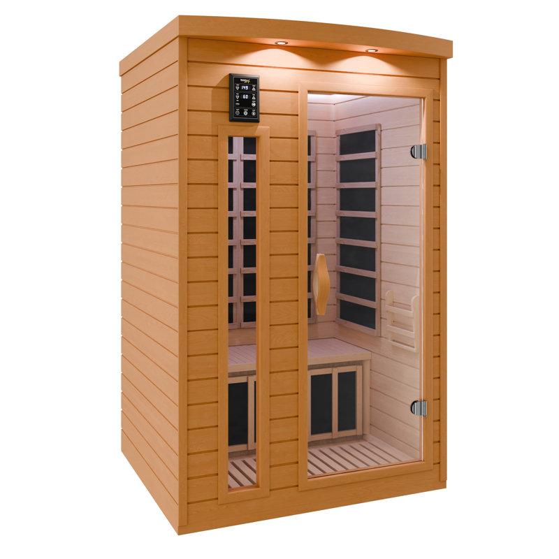 Sauna d'intérieur pour 2 personnes en pruche avec panneaux de chauffage infrarouges, porte en verre trempé et éclairage de chromothérapie