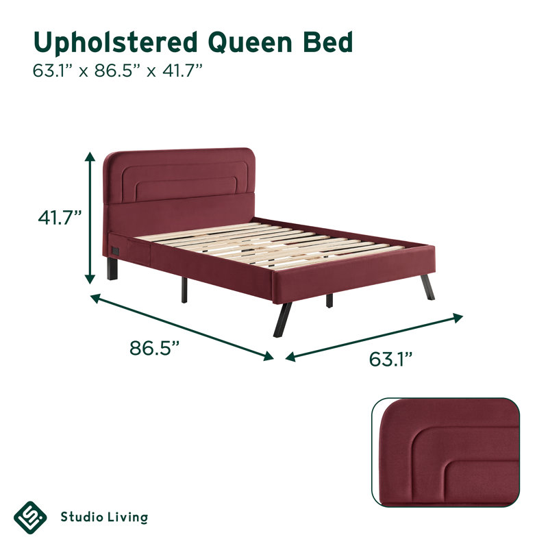 Alma Queen Size Upholstered Bed Frame 63.1 x 86.5 Modern Boho USB A C Power Storage Pockets Velvet, Burgundy, Queen