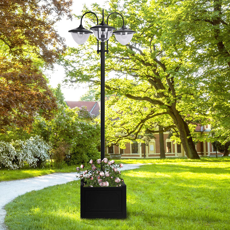 Lampadaire solaire de 74,5 po avec jardinière intégrée - Éclairage extérieur automatique à DEL, autonomie maximale de 6 heures, noir, idéal pour allées et chemins de jardin, en acier.