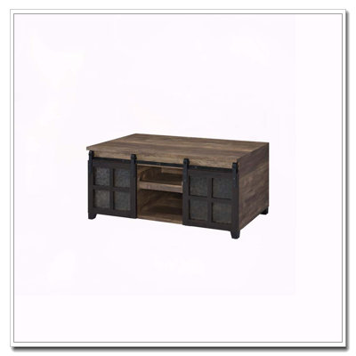 Rustic Oak And Black Coffee Table With Sliding Doors