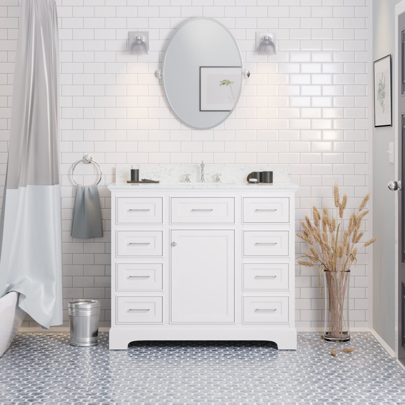 Ronnie 42'' Single Bathroom Vanity with Top, White, Engineered Marble