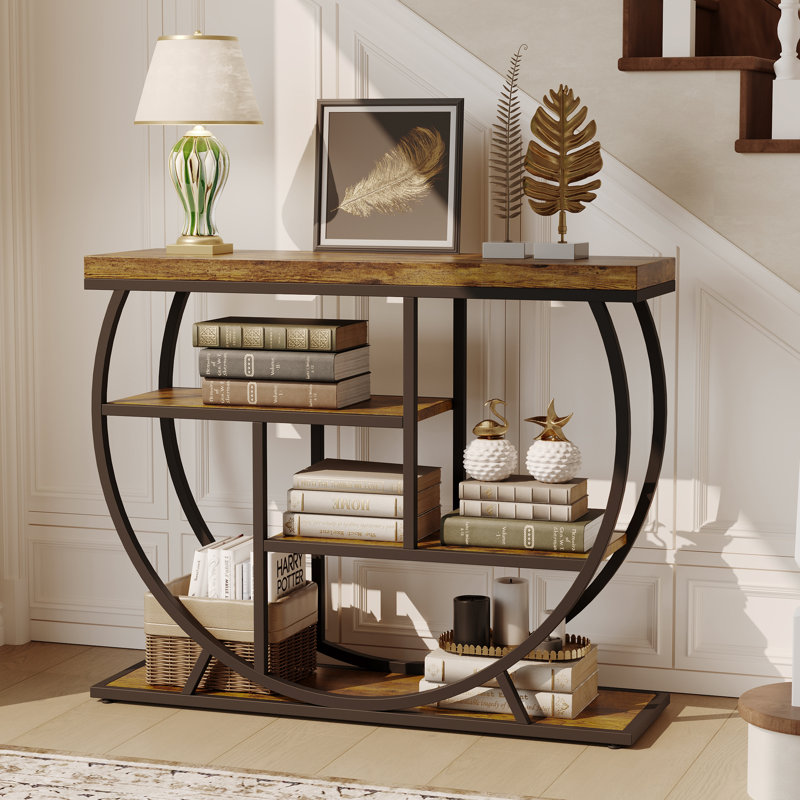 39 in Modern Console Table for Entryway, 4 Tier Hallway Table with Storage, Brown, Black