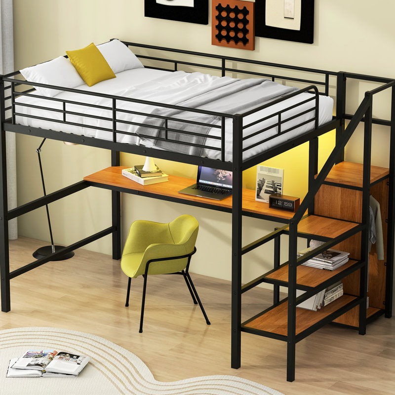 Full Size Metal Loft Bed With Desk, Storage Staircase, Small Wardrobe, Led - Comfortable And Secure, Black
