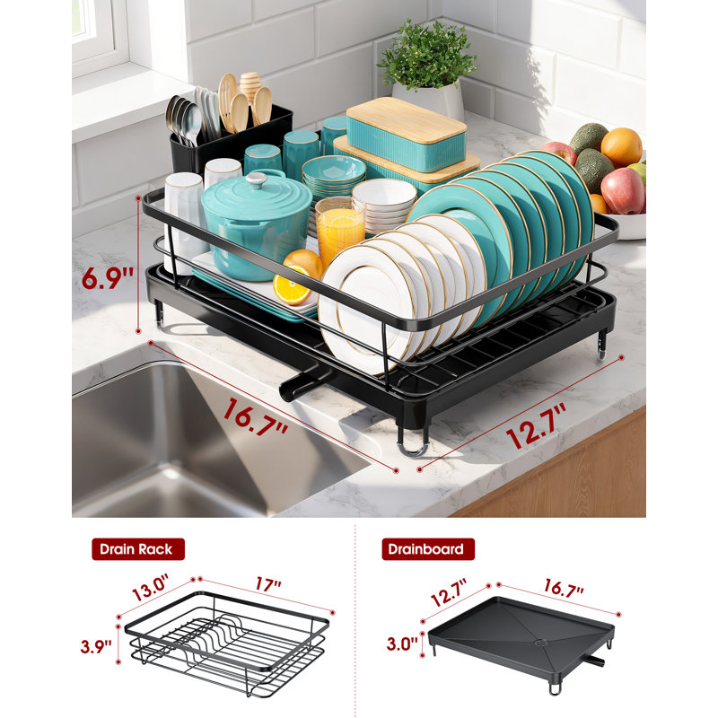 Stainless Steel Dish Drying Rack for Kitchen Counter, Sink Organization and Storage Essentials with Silverware & Utensil Holder, Home and Apartment Decor, 12.5''W x 16.5'L, Black