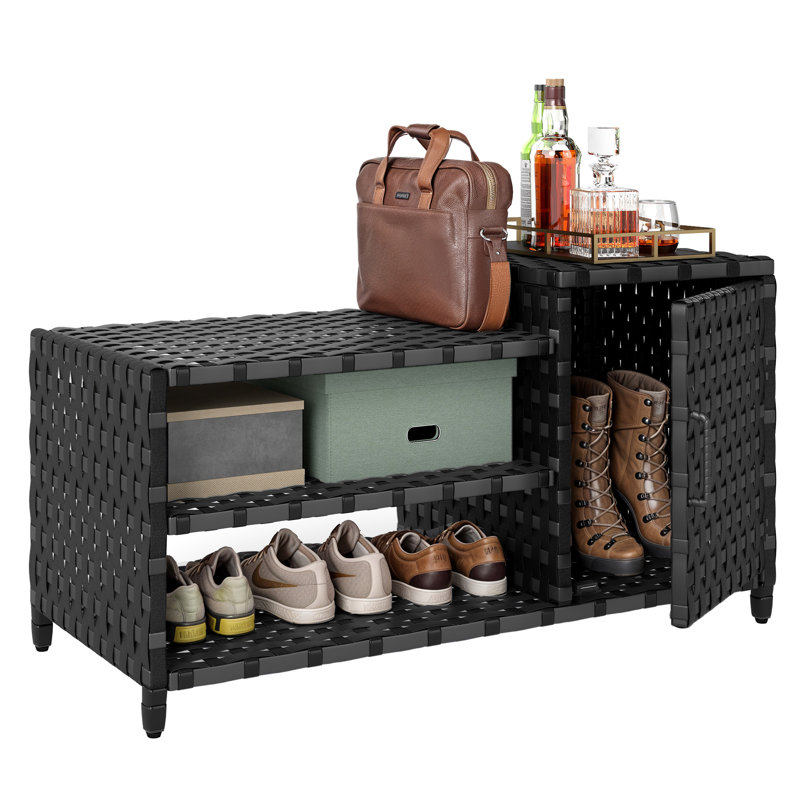 Outdoor Wicker Rattan Storage Bench With Shelves & Cabinet