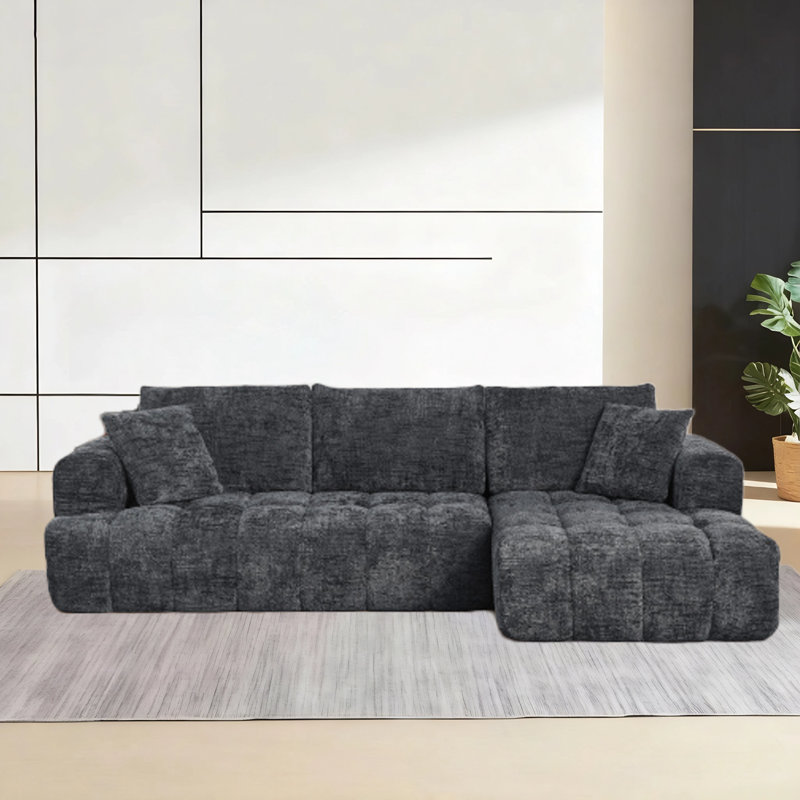 108" Dark Blue Chenille Sectional Sofa, Tufted Design & Pocket Springs, No Assembly, Dark Blue Chenille, Right Hand Facing
