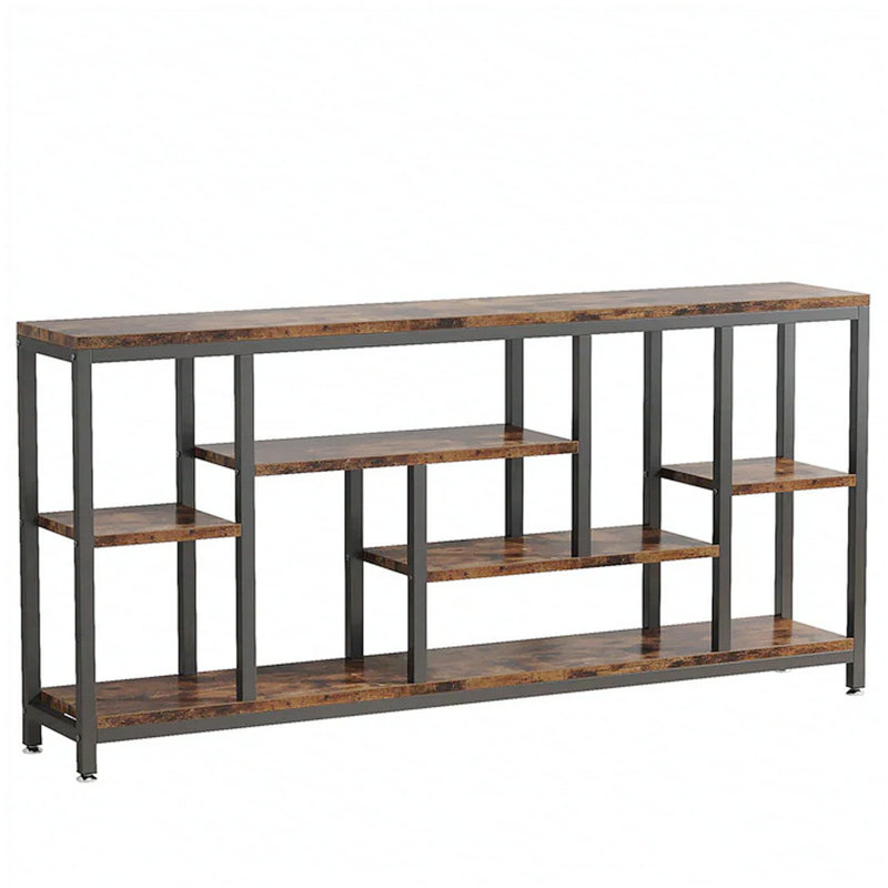 Console industrielle attrayante avec tablettes à plusieurs niveaux pour un rangement et une présentation améliorés, parfaite pour un décor moderne et rustique.