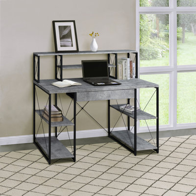 Bureau gris et noir avec tablettes ouvertes et huche