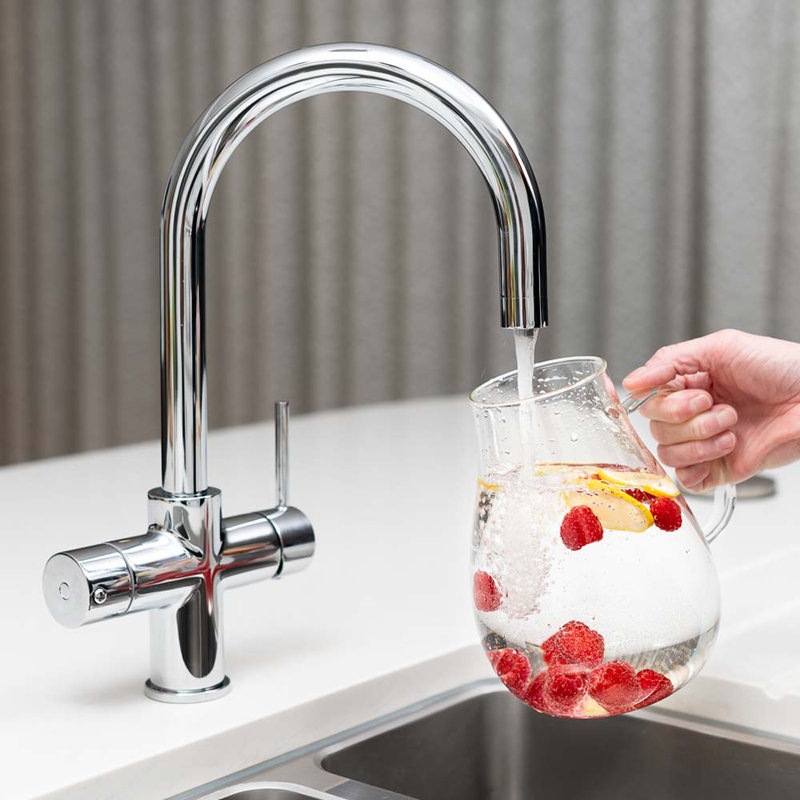 4-in-1 Instant Boiling and Filtered Water Tap - C Shape - 2.4 Litre Boiler, Brushed Brass