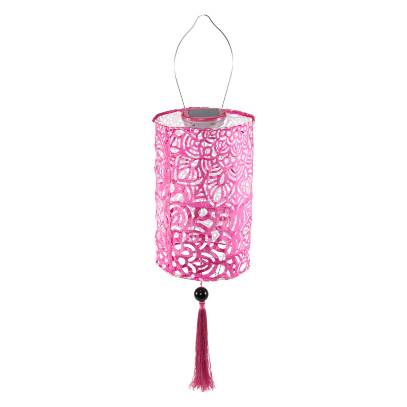 Stella Tassel 28.5" Cylinder Solar Lantern - Raspberry, Raspberry, Cylinder