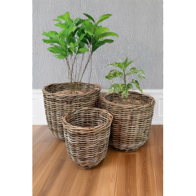 Set Of 3 Grey Round Rattan Baskets
