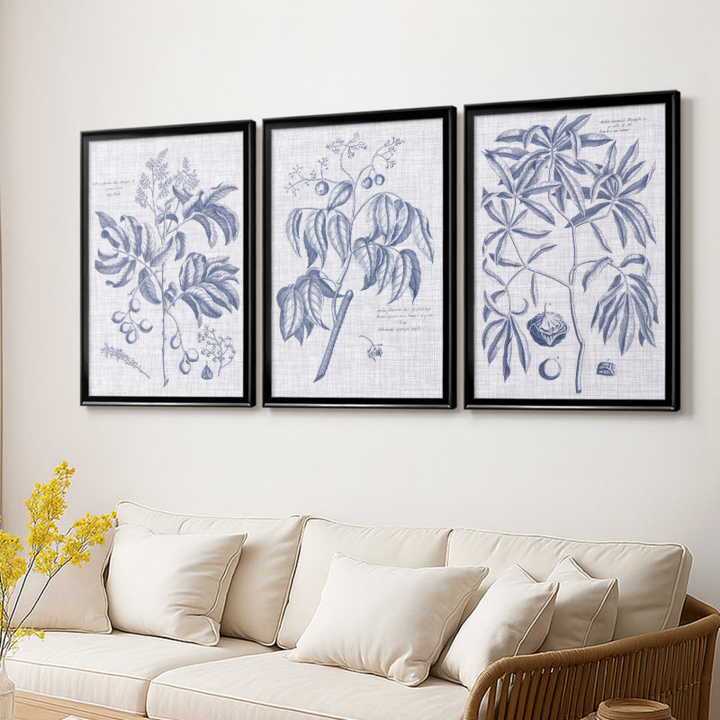 Bleu marine et lin botanique IV - Toile tendue avec châssis sur mesure - 3 pièces, H 21 po x l 30 po, Noir