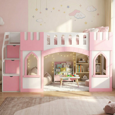 Solid Wood Twin Size Loft Bed with Storage Staircase and Window for Bedroom