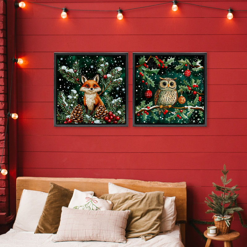 Ensemble de 2 cadres flottants Winter Snowfall Fox & Owl, design par Yen, H 25 po x l 25 po, Cadre flottant noir de jais
