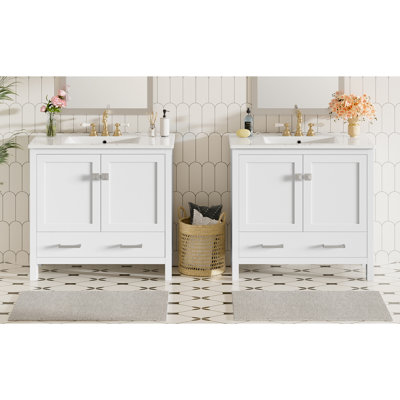 Meuble-lavabo de 72 po avec armoire blanche, deux lavabos en céramique et un grand espace sous le lavabo pour les produits de nettoyage avec tablettes à deux couches, poignées en alliage de zinc à tiroir