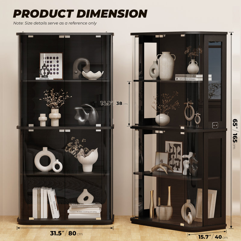 65" Rounded Display Cabinet With Glass Door, 4-tier Curio Cabinet With Transparent Full-display Surface For Collectibles, Glass Display Case With 3 Color Lights, Human Body Sensor, Black