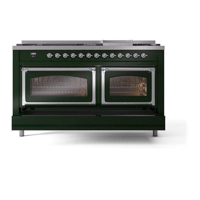 ILVE Nostalgie II Noblesse 60 in Dual Fuel Range, 9 Burner, Griddle, Emerald Green/Chrome, Liquid Propane