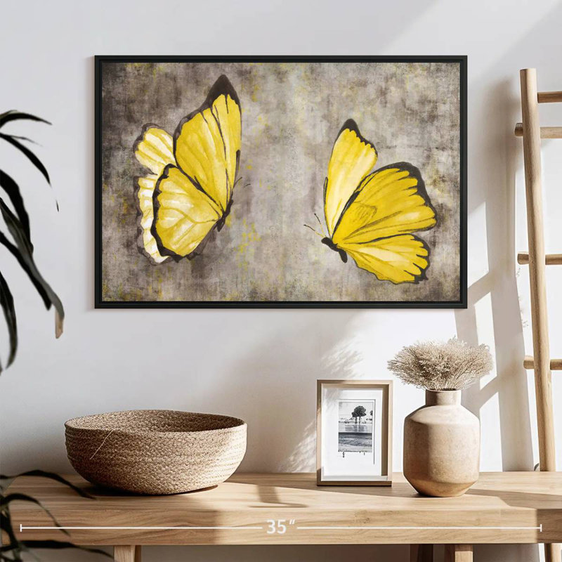 Papillons jaunes, 25 po x 17 po, Cadre flottant noir