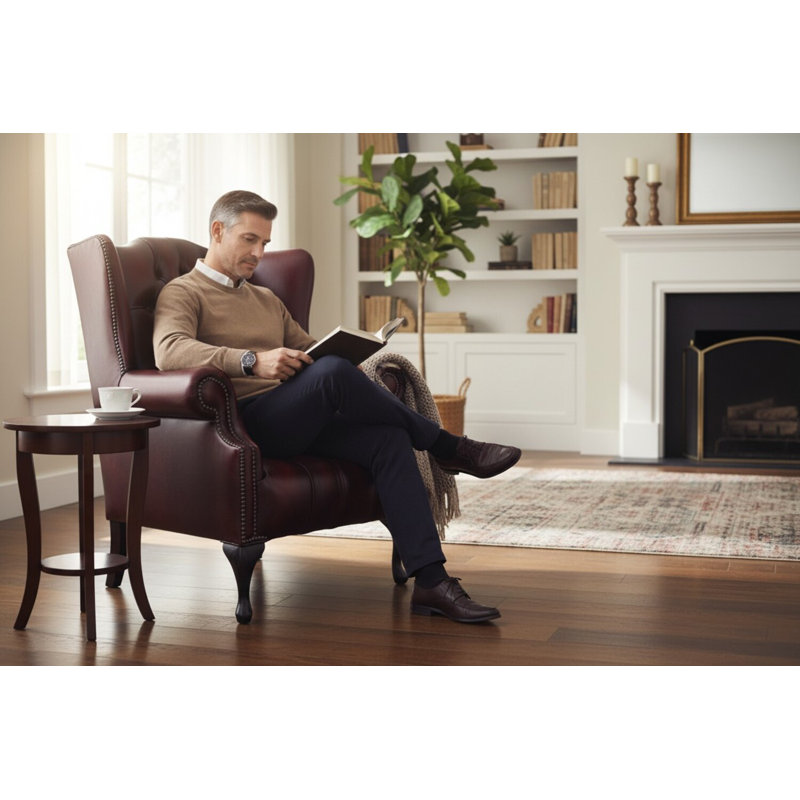 Upholstered Full Grain Leather Wingback Chair, Antique Oxblood